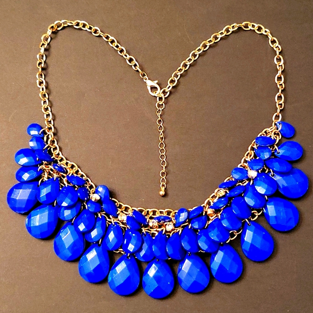 NEW Royal Blue Statement Necklace,  Gold-tone Chain, Crystal Accents